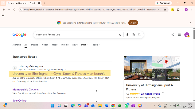 Google search results for Sport and Fitness UoB