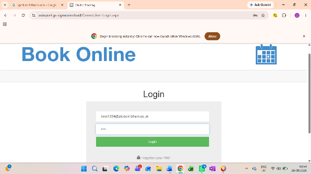 Sport and Fitness online booking login page