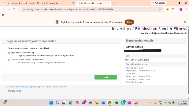 Sign up or renew your membership screen