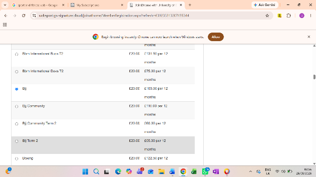 BJJ membership categories in the Sport and Fitness portal