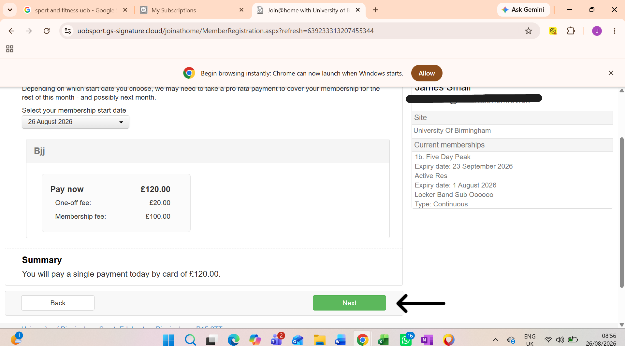 Membership details and price summary