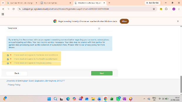 Personal details and agreement checkboxes