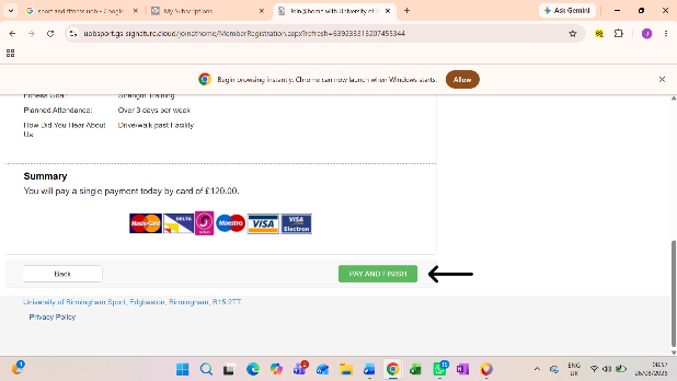 Final membership summary with Pay and Finish button